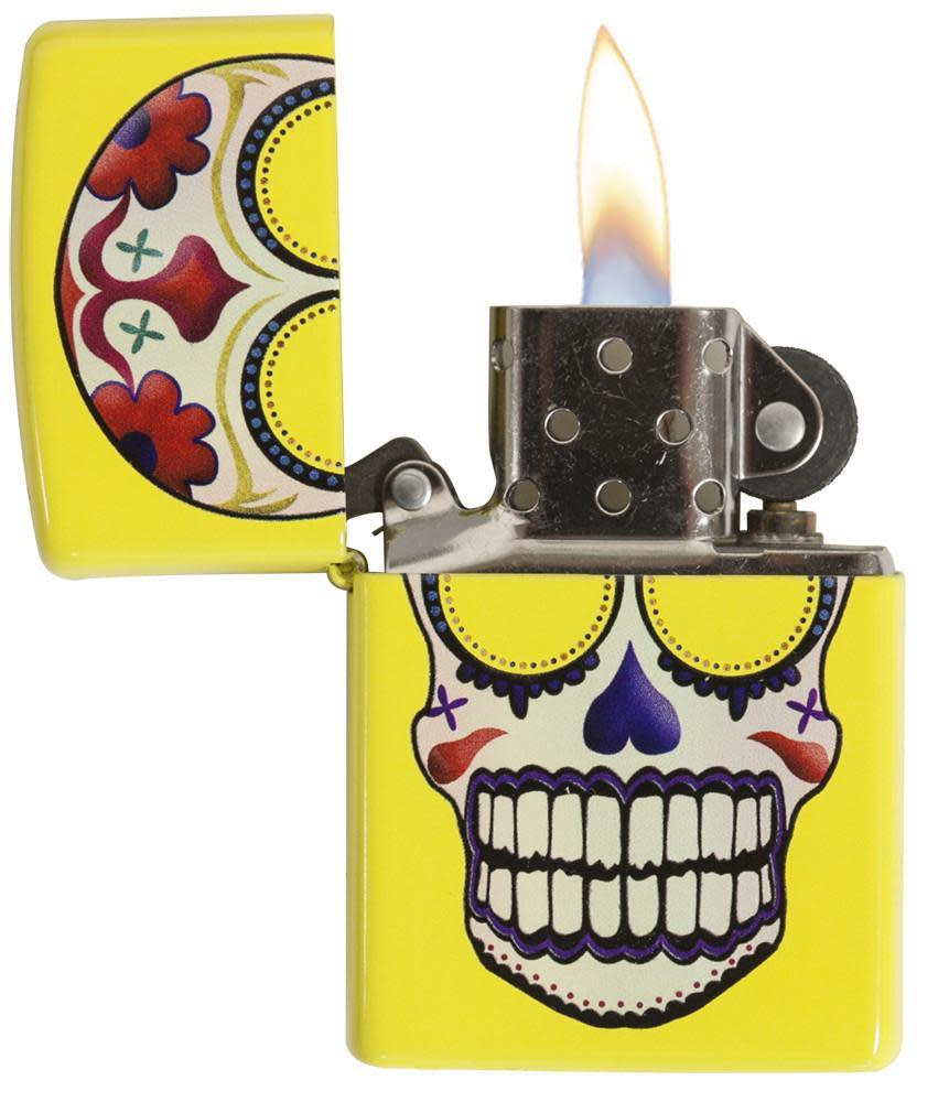 Front view of the Day of the Dead, Neon Yellow Lighter open and lit